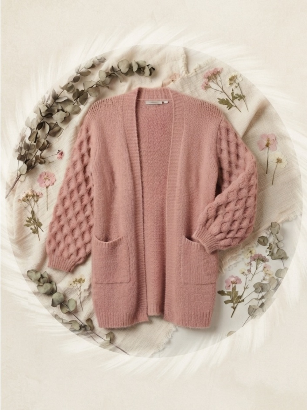 Esqualo Dusty Rose Knit Cardigan with Waffle Balloon Sleeves